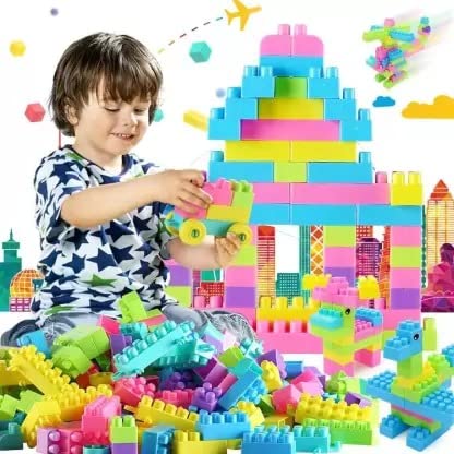 Colorful Building Blocks for Kids - Plastic Small Building Block with Wheels Creative Smart Activity Children 50 Pieces Building Blocks Toy Set Creative Learning Educational Block Toys