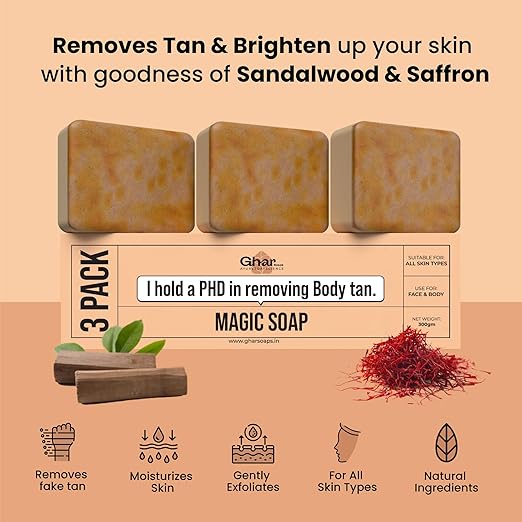 Sandalwood & Saffron Magic Soaps For Bath (300 Gms Pack Of 3) | Paraben Free | Chandan & Kesar Bath Soap | Handmade Soaps For Glowing | Skin Brightening Soap For Men & Women